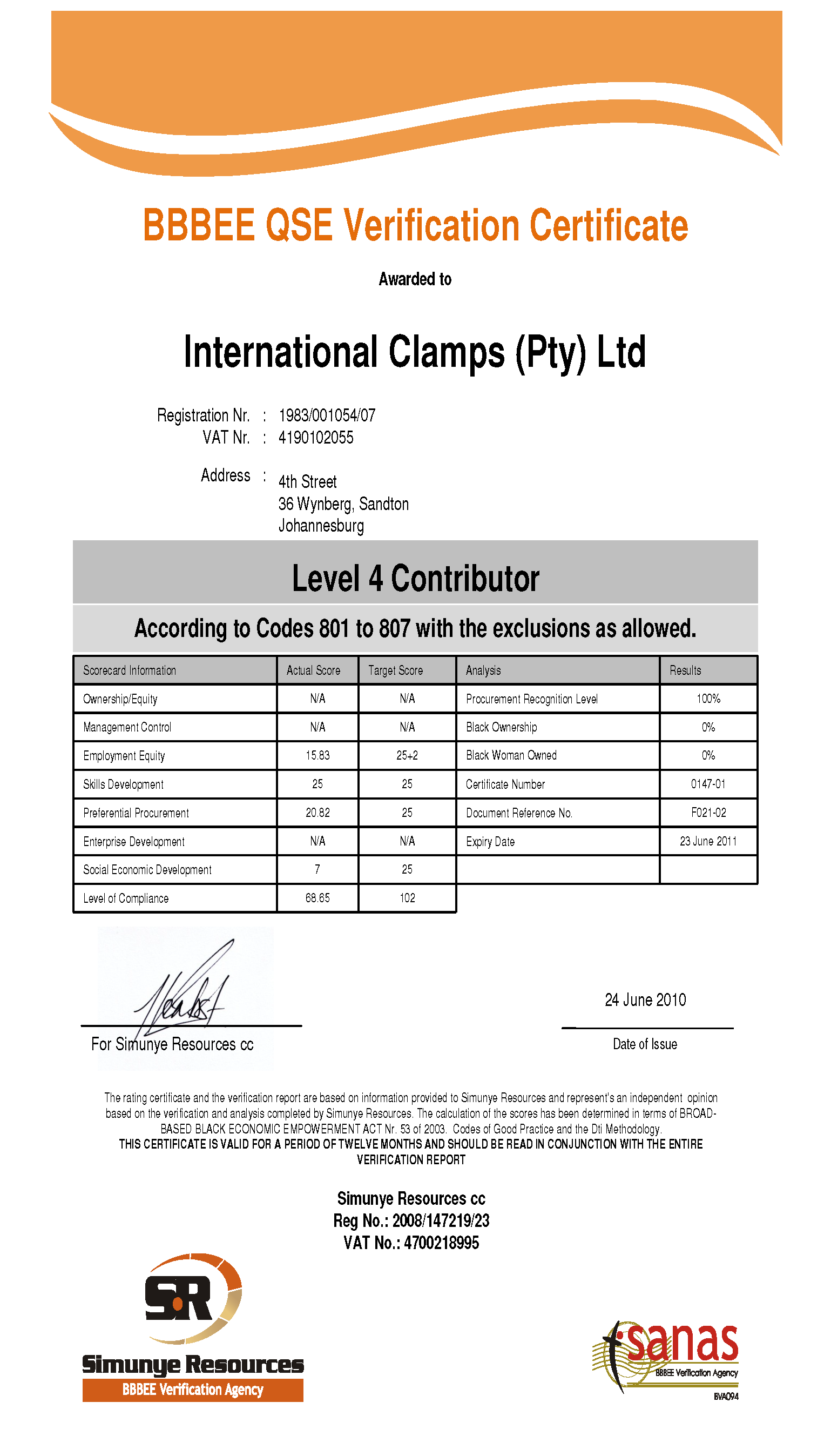 BEE Certificate